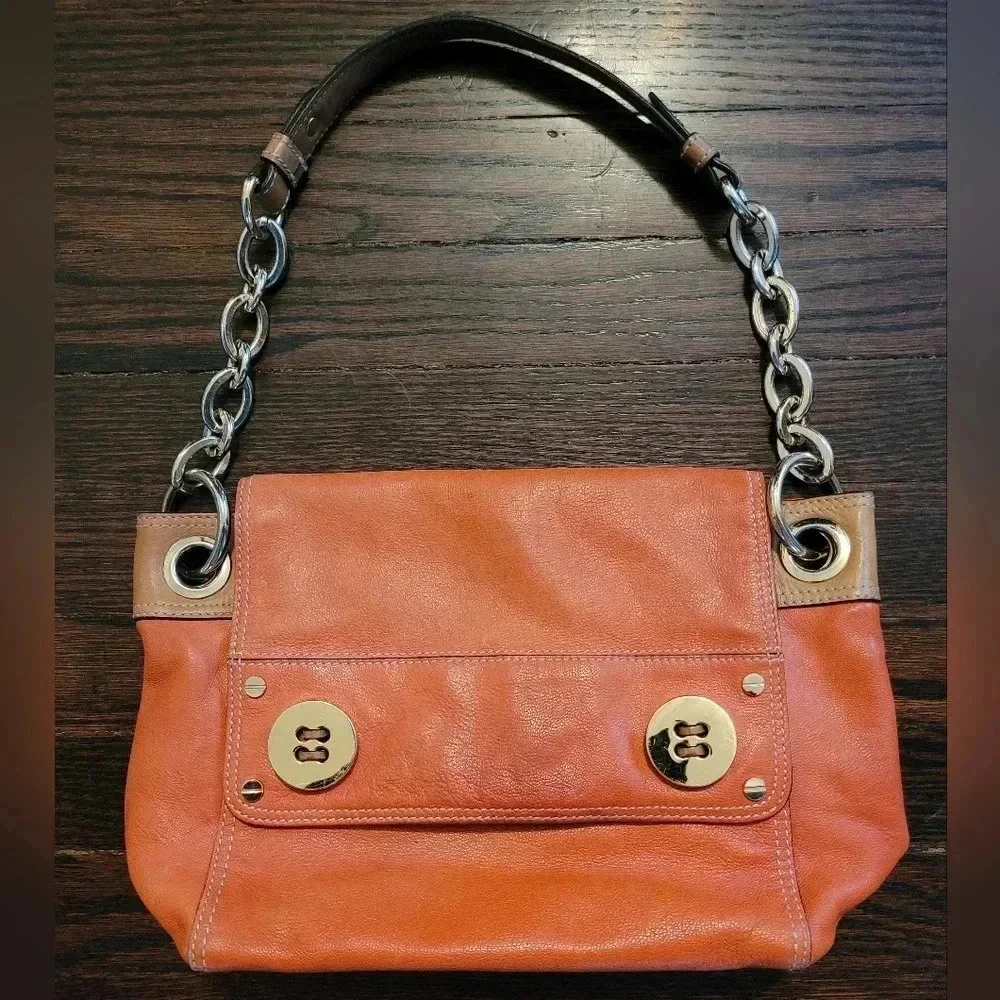 MILLY Orange tan soft leather gold chain link shoulder bag purse contemporary
